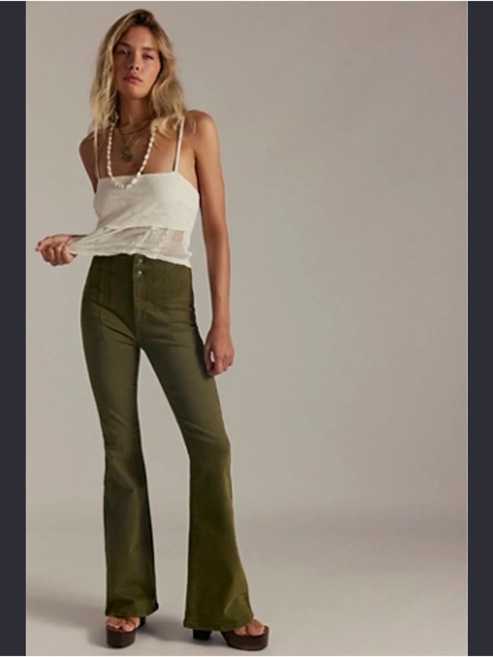 We The Free Jayde Flare Jeans Women’s Size 30 High Rise Olive Green Stretch Boho